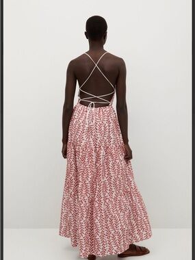 Mango red and white maxi dress with Red Leaf Embroidery and open back